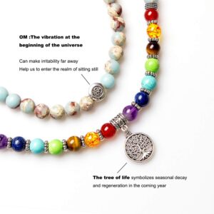 Addmluck 108 Mala Beads Meditation Necklace 7 Chakra Tree of Life Pendant Necklace Prayer Buddha Beaded Bracelets Healing Stone Yoga Necklace for Men and Women Jewelry(shoushan stone)