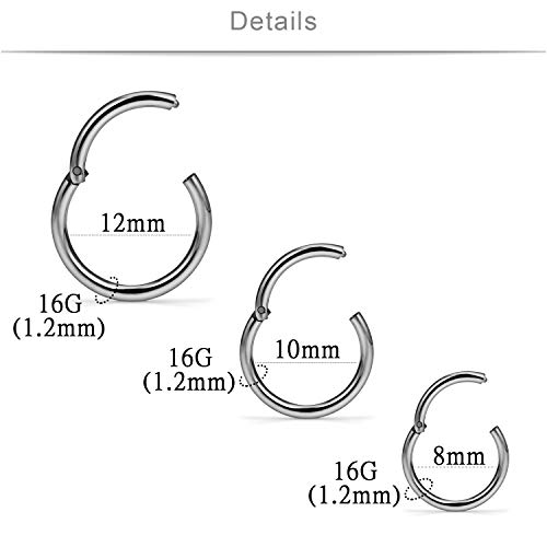 SCERRING 3 Pairs 16G G23 Titanium Hinged Clicker Segment Septum Nose Lip Ring Hoop Cartilage Tragus Sleeper Earrings Body Piercing Jewelry 8mm 10mm 12mm