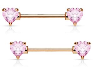 forbidden body jewelry pair of surgical steel 5/8 inch cubic zirconia crystal double heart nipple barbells, pink (rose gold tone)