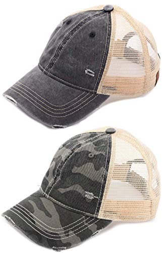 Funky Junque Washed Trucker Hat Bundle: 2 Pack: Black & Black Camo