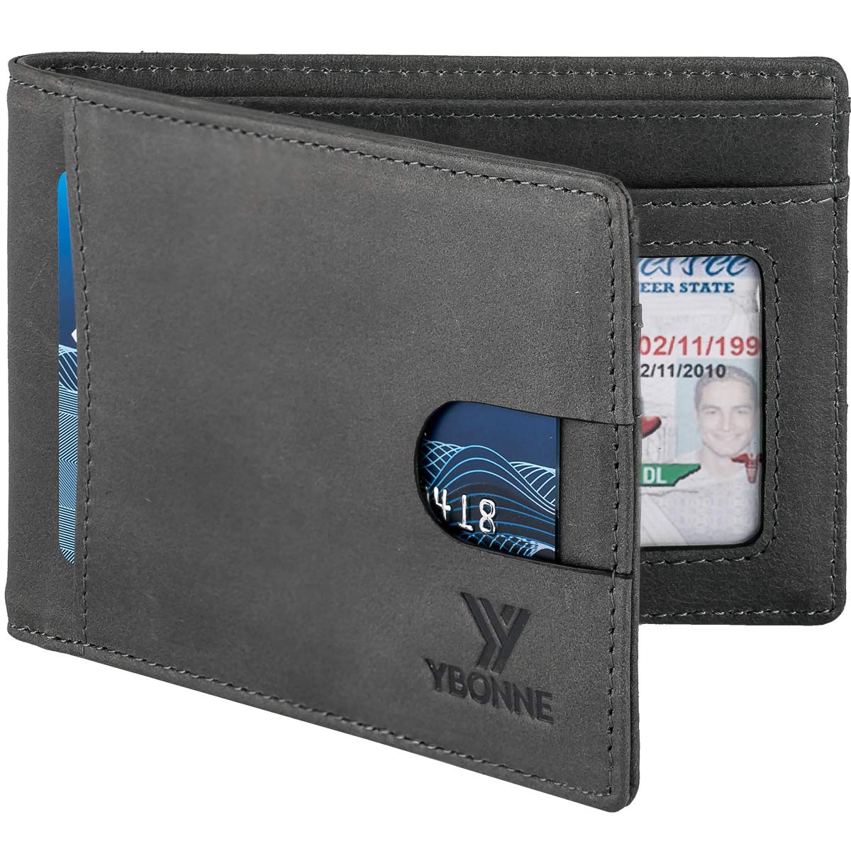 YBONNE RFID Blocking Slim Bifold Wallets for Men, Made of Finest Genuine Leather (Waxy Full-grain Pebble Grey)