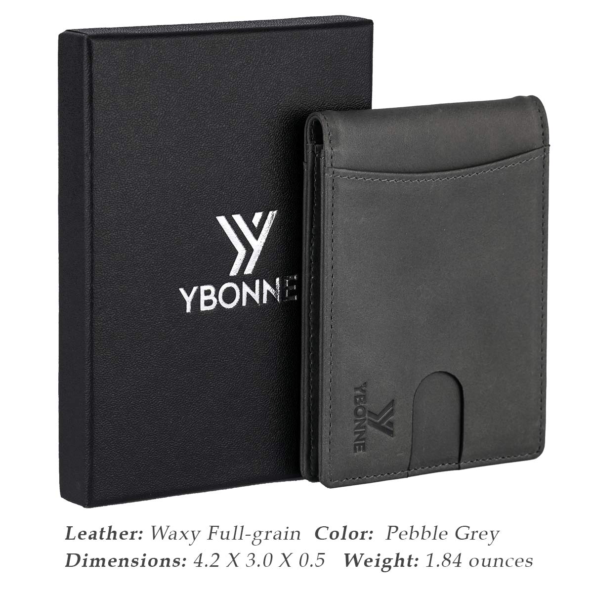 YBONNE RFID Blocking Slim Bifold Wallets for Men, Made of Finest Genuine Leather (Waxy Full-grain Pebble Grey)