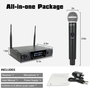 happymusic Professional UHF 2 Channel Wireless Microphone System, Cordless Handheld Mic Set, 150ft Range Perfect for DJ, Church, Wedding, Event, Gigs, Singing, Home Karaoke, Black (UK-38)