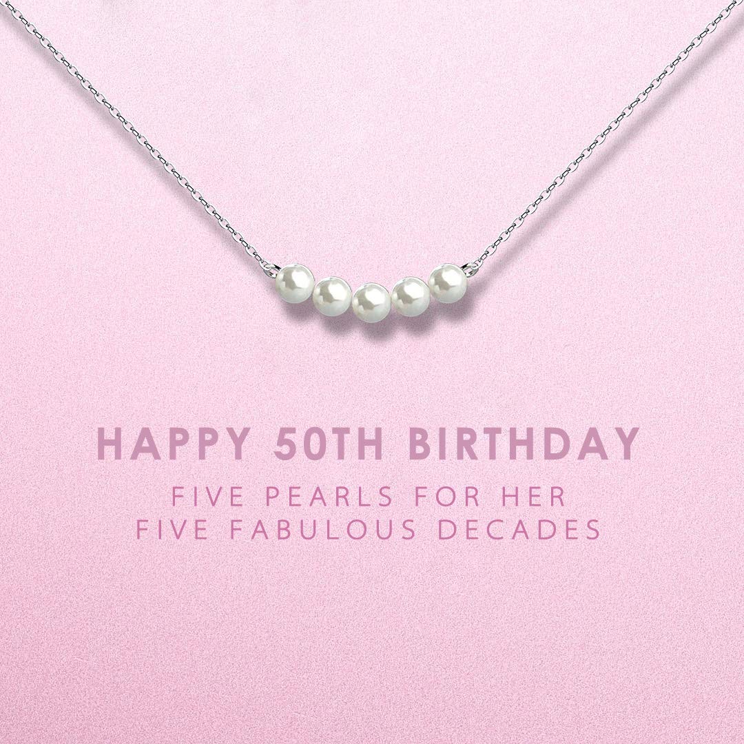 50th Birthday Gifts for Women - Sterling Silver Necklace Five Pearls for Her 5 Decades - 50 Years Old Jewelry Gift Idea