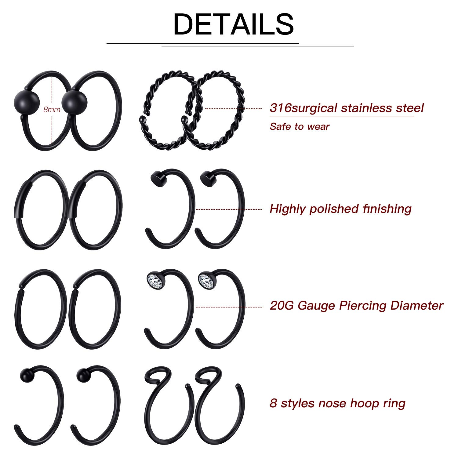 Chinco 32 Pieces C-shaped Nose Ring Bone Stud Hoop Tragus Nose Studs Bone Curved Hoop Tragus Cartilage Hoop Piercing (Black)