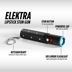 Lipstick Stun Gun for Women - Guard Dog Security Elektra Stun Gun for Self Defense, Maximum Voltage, 100 Lumen Flashlight with Keychain and Wall Charger (Black)