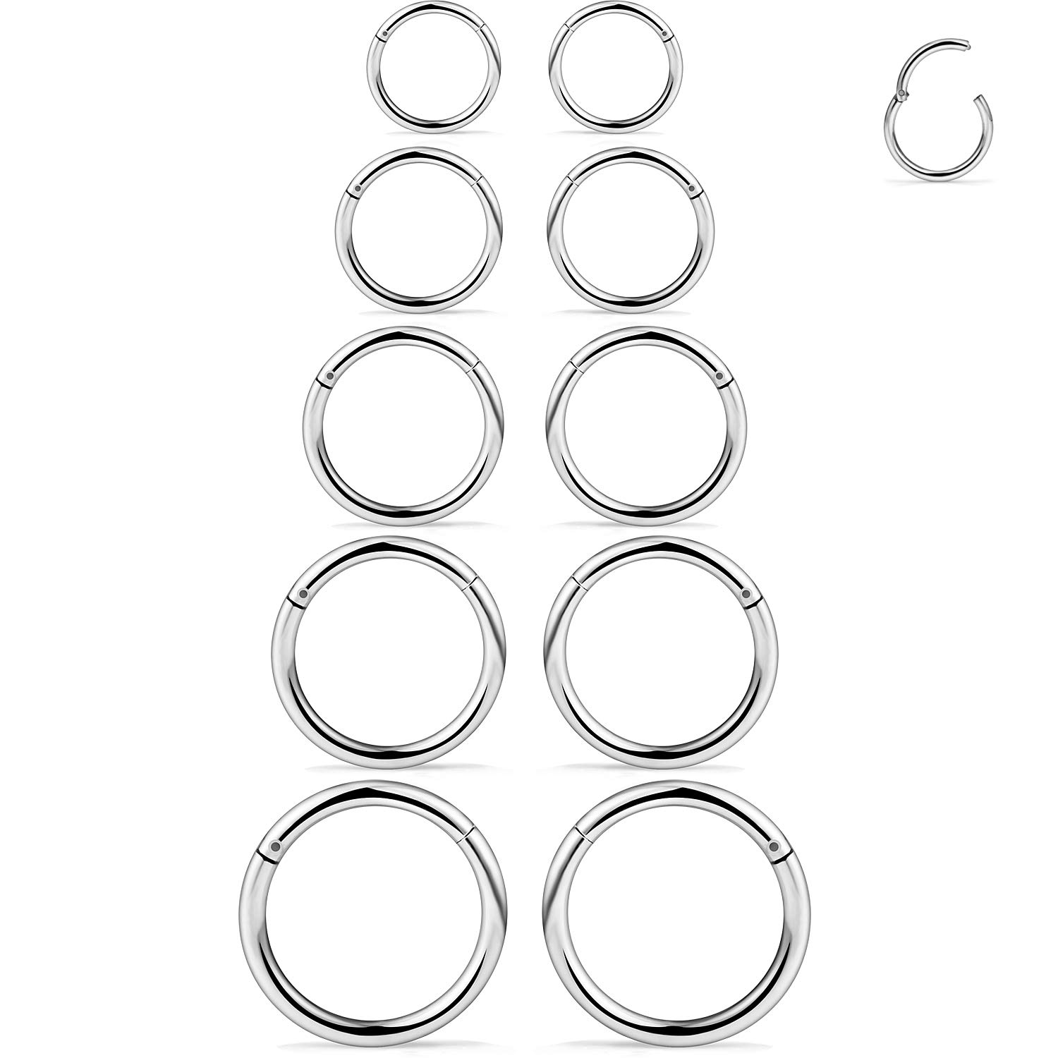 SCERRING 10PCS 14G Stainless Steel Hinged Clicker Segment Septum Nose Lip Ring Hoop Cartilage Tragus Sleeper Earrings Body Piercing Jewelry 8mm 10mm 12mm 14mm 16mm Silver