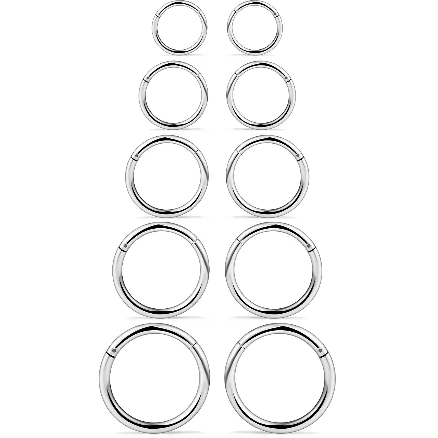 SCERRING 10PCS 14G Stainless Steel Hinged Clicker Segment Septum Nose Lip Ring Hoop Cartilage Tragus Sleeper Earrings Body Piercing Jewelry 8mm 10mm 12mm 14mm 16mm Silver