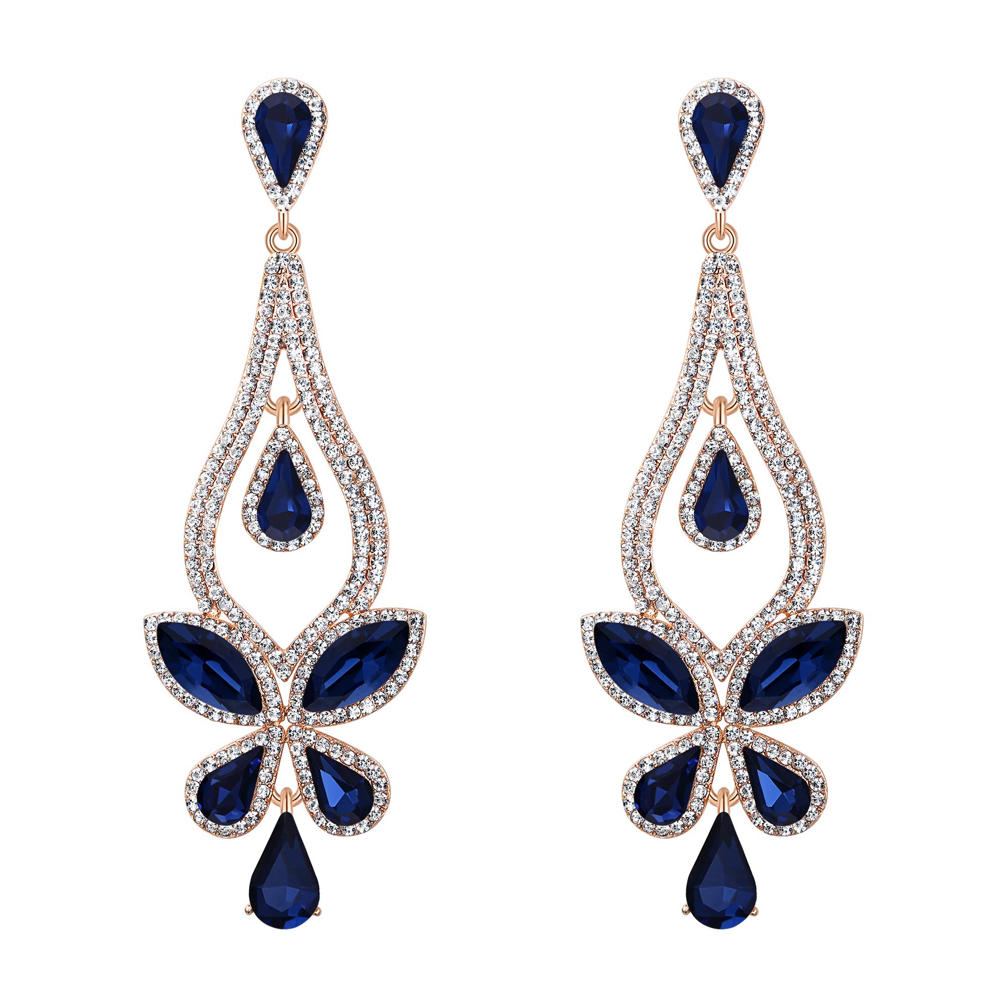 BriLove Women's Wedding Bridal Crystal Teardrop Butterfly-Shape Pierced Dangle Earrings Navy Blue Gold-Tone