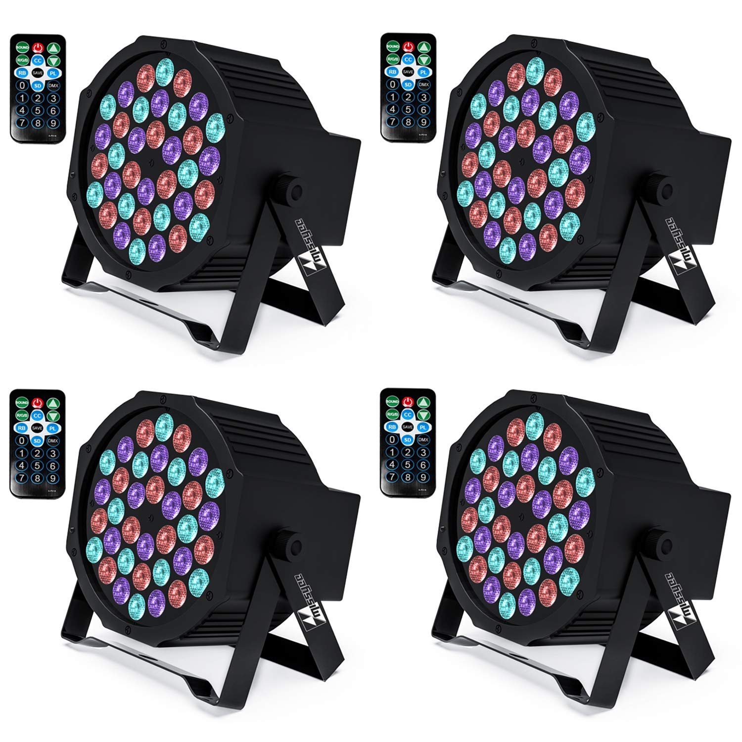 missyee 36 RGB LED DJ Stage Uplight -DMX Control Sound Activated with Remote Control and 9 Modes LED for Wedding, Events, Christmas and Halloween Music Disco Party -R&D in USA -4 Pack