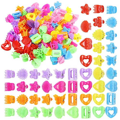 Lawie 90 Pack Small Mini Rainbow Flower Star Heart Butterfly Plastic Hair Claw Clips Jaw Barrettes Grip Clamps Pins Updo Decorative Bun Bangs Braids Y2K Accessories for Kids Toddler Baby Girls Dolls