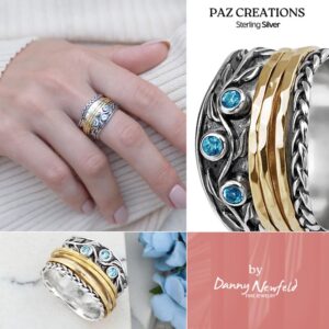 Paz Creations 925 Sterling Silver Spinner Ring with Blue Topaz Gemstone, Anxiety Ring/Boho Ring with 14K Gold Fidget Ring, 925 Sterling Silver Rings for Women (S 7)