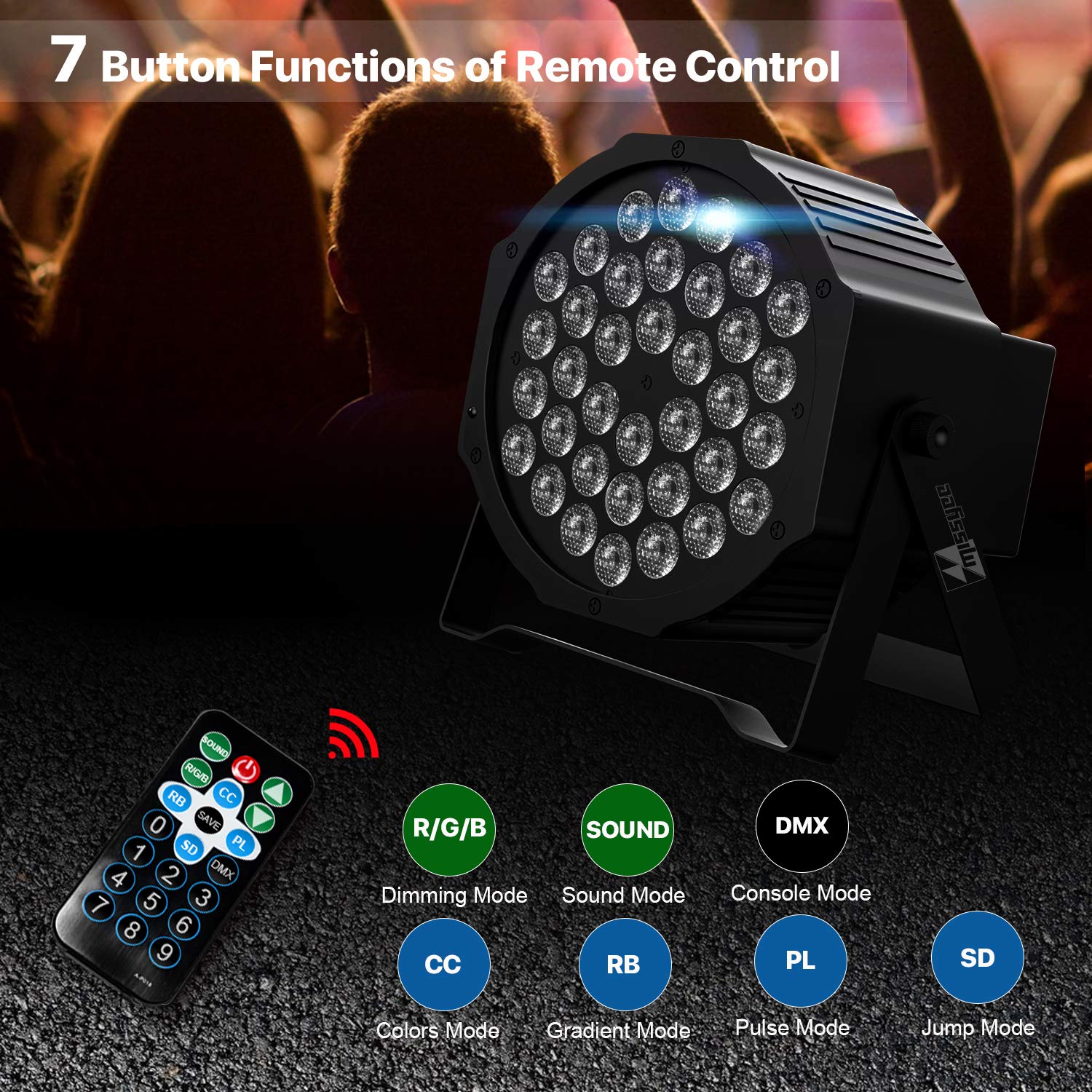 missyee 36 RGB LED DJ Stage Uplight -DMX Control Sound Activated with Remote Control and 9 Modes LED for Wedding, Events, Christmas and Halloween Music Disco Party -R&D in USA -4 Pack