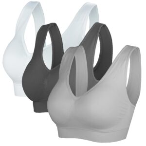 kinyaoyao women's 3-pack seamless post-surgery bra sports bra with removable pads black white grey