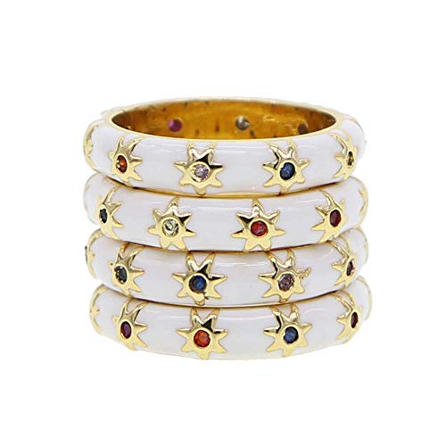 ATJMLADYJEWELRY Gold Plated Rainbow Star White Enamel Stack Stacking Engagement Band Ring for Women (8)