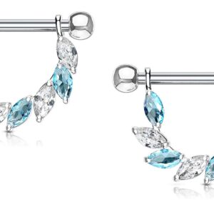 Forbidden Body Jewelry Pair of Surgical Steel 9/16 Inch Sexy CZ Vine D-Ring Dangle Nipple Barbells, Clear/Aqua