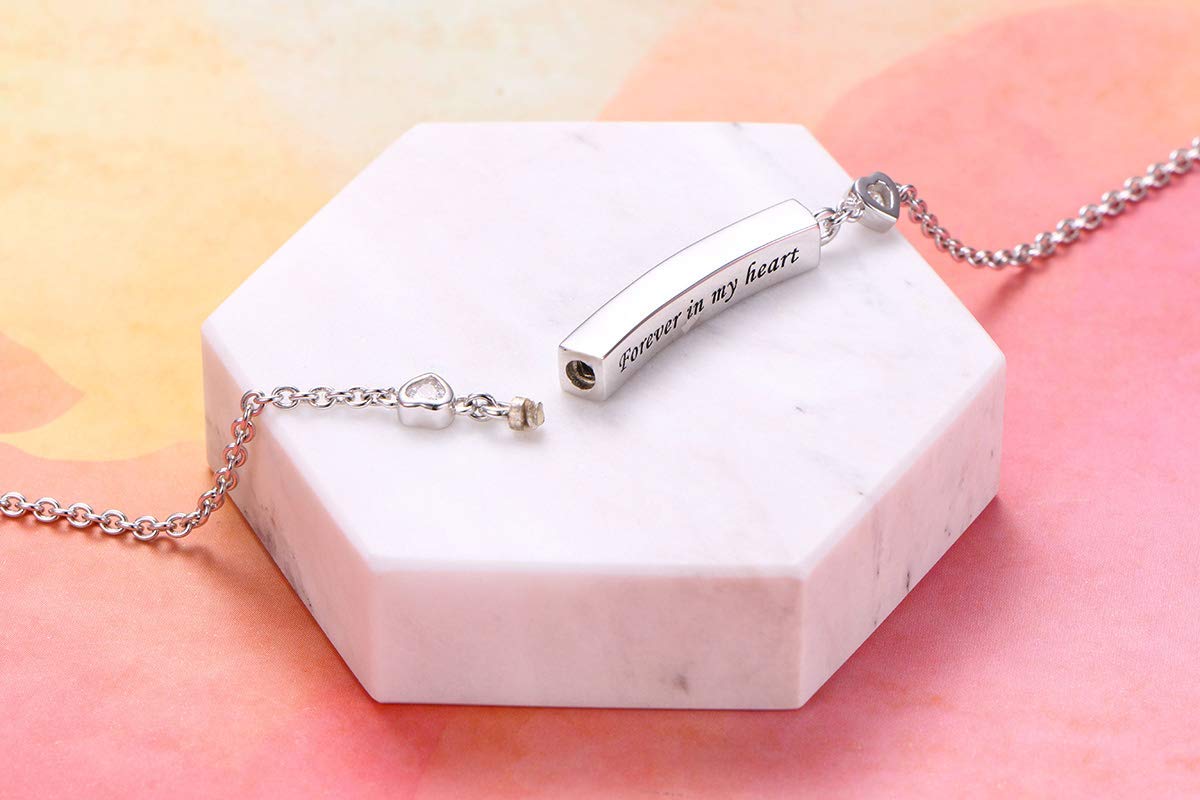 DAOCHONG Sterling Silver Forever in My Heart CZ Cremation urn Locket Memorial Ashes Holder Bangle Urn Keepsake Bracelet 7+2"