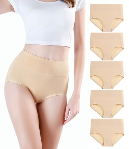 wirarpa Women's Postpartum Underwear High Waisted Ladies Cotton Panties Full Coverage Briefs 5 Pack Beige 2X-Large