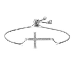 NEWBUY Classic Design AAA+ Cubic Zirconia Cross Charm Bracelets For Women Adjustable Copper Chain Bracelet & Bangle Christian Jewelry Baptism Gift (white Gold Plated)