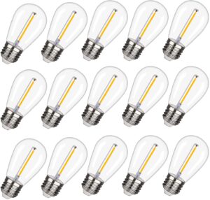 bort s14 led replacement light bulb, shatterproof outdoor string light bulbs, 1 watt to replace 11watts incandescent bulb, e26 regular medium screw base, 2200k warm white, non-dimmable (15 pack)