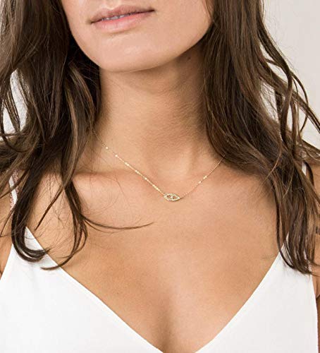 MEVECCO Gold Dainty Evil Eye Necklace for Women,14K Gold Plated Cute Tiny Solitaire Cubic Zirconia Protection Boho Evil Eye Minimalist Simple Necklace