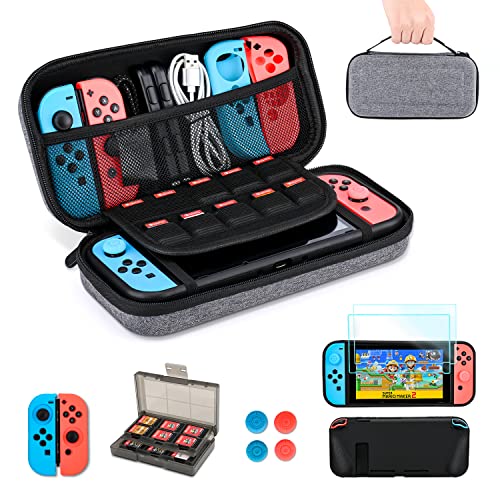 Switch Accessories Kit, innoAura 11 in 1 Accessories Kit with Carrying Case, Game Card Slot Holder, TPU Cover, J-con Covers, Thumb Caps, Tempered Glass Screen Protectors for NS Switch