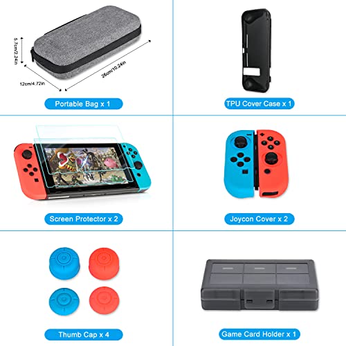 Switch Accessories Kit, innoAura 11 in 1 Accessories Kit with Carrying Case, Game Card Slot Holder, TPU Cover, J-con Covers, Thumb Caps, Tempered Glass Screen Protectors for NS Switch