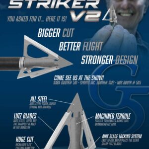 G5 Striker V2 Fixed 3-Blade Broadhead - Archery Hunting Steel Ferrule 125 Grain 1.25" Cutting Diameter Broadhead - Standard Version