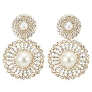 Wedding Rhinestone Synthetic Pearl Cluster Large Circle Flowers Long Drop Statement Earrings Elegant