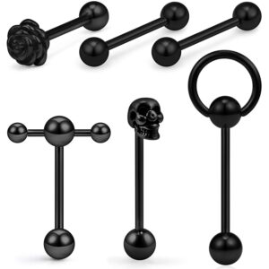 SCERRING 6PCS 14G Stainless Steel Rose Skull Door Lock Tongue Teaser Double Barbell with Slave Ring Nippleings Ring Body Piercing Jewelry Black