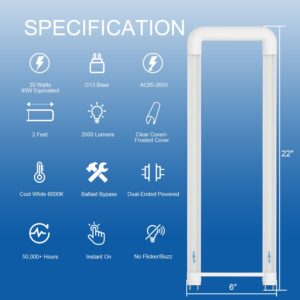 LUMINOSUM, T8 T12 U Bend LED Tube Light 2x2 Foot, 20W (40 watts equivalent), Cool White 6000k, Clear Cover, Ballast Bypass, ETL Listed, 10-pack