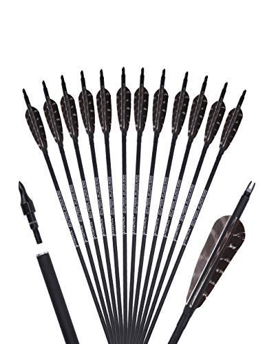 PANDARUS Archery 31-Inch Carbon Hunting Arrows, Turkey Feather Fletching with Replaceable Points, Targeting Practice Arrows Spine 500 for Recurve bow, Longbow, Traditional bow (Black flower)