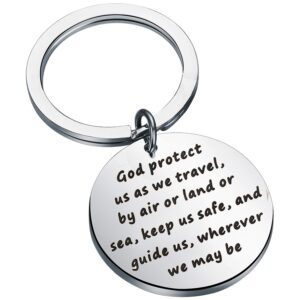 BEKECH Traveler's Prayer Travel Protection Key Ring Travel Gifts God Protect Us As We Travel By Air Land Sea Keep Us Safe Travels Keychain Religious Gift (silver)