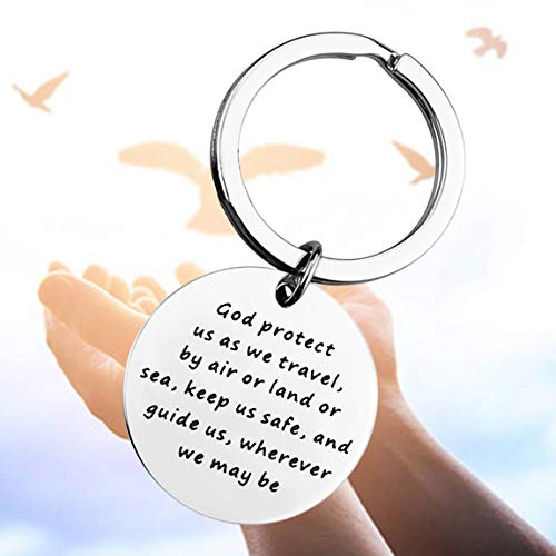 BEKECH Traveler's Prayer Travel Protection Key Ring Travel Gifts God Protect Us As We Travel By Air Land Sea Keep Us Safe Travels Keychain Religious Gift (silver)