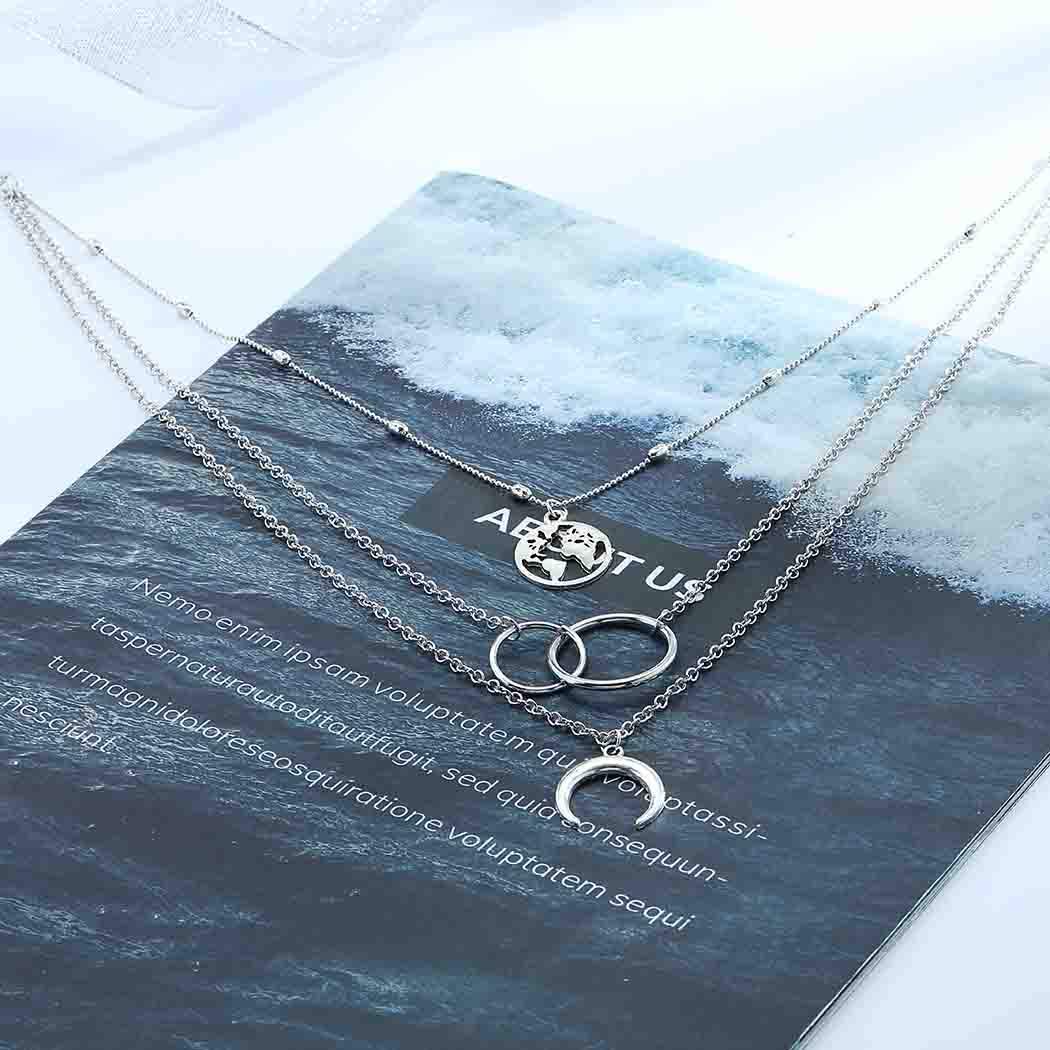 Edary Boho Layered Necklace Moon Necklaces Map Pendant Silver Jewelry for Women(Silver)