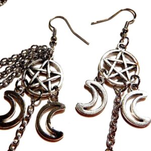 Asymmetrical Pentagram & Moon Earrings silvertone ear cuff & chains occult wiccan gothic