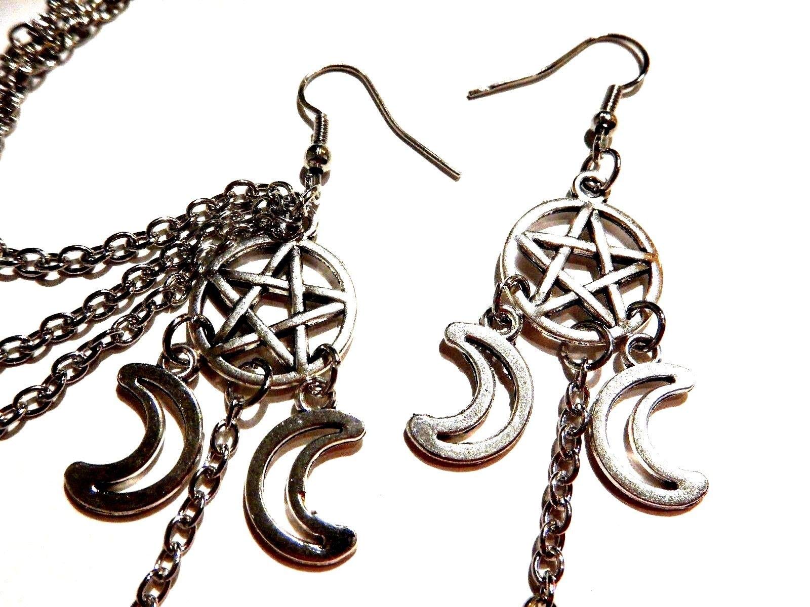 Asymmetrical Pentagram & Moon Earrings silvertone ear cuff & chains occult wiccan gothic