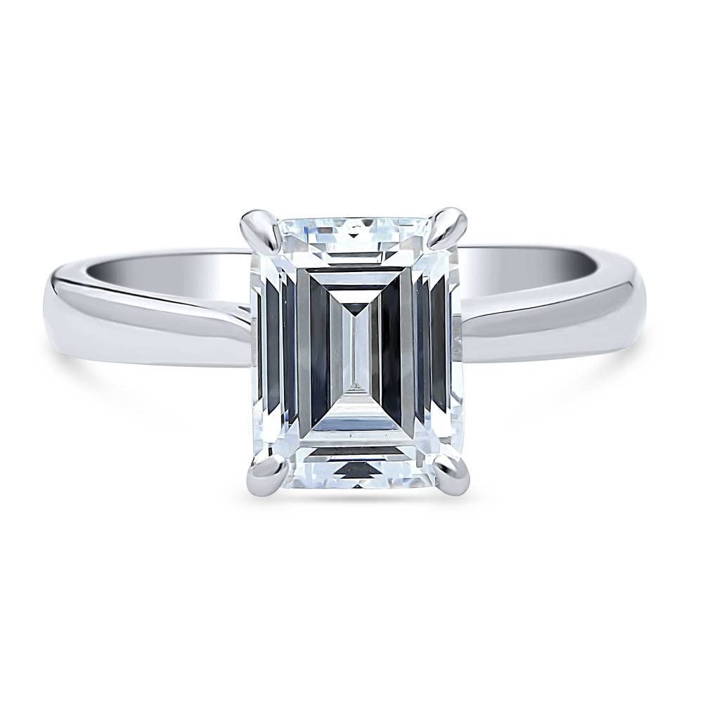 BERRICLE Sterling Silver Solitaire Wedding Engagement Rings 2.6 Carat Emerald Cut Cubic Zirconia CZ Promise Ring for Women, Rhodium Plated Size 7