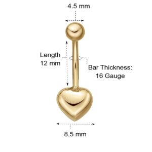 Lavari Jewelers 16 Gauge Heart Belly Ring for Women in 10k Yellow Gold with Solid Design 12 mm Post Length 16G