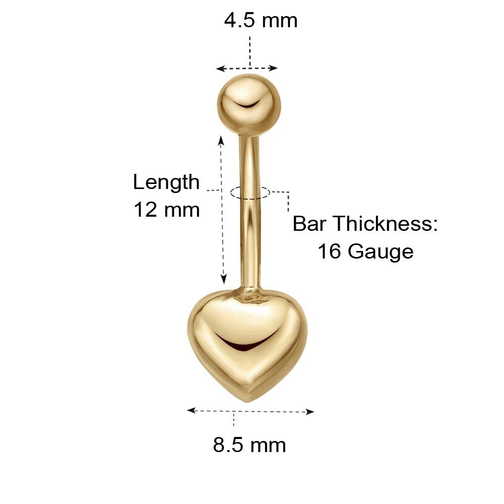 Lavari Jewelers 16 Gauge Heart Belly Ring for Women in 10k Yellow Gold with Solid Design 12 mm Post Length 16G