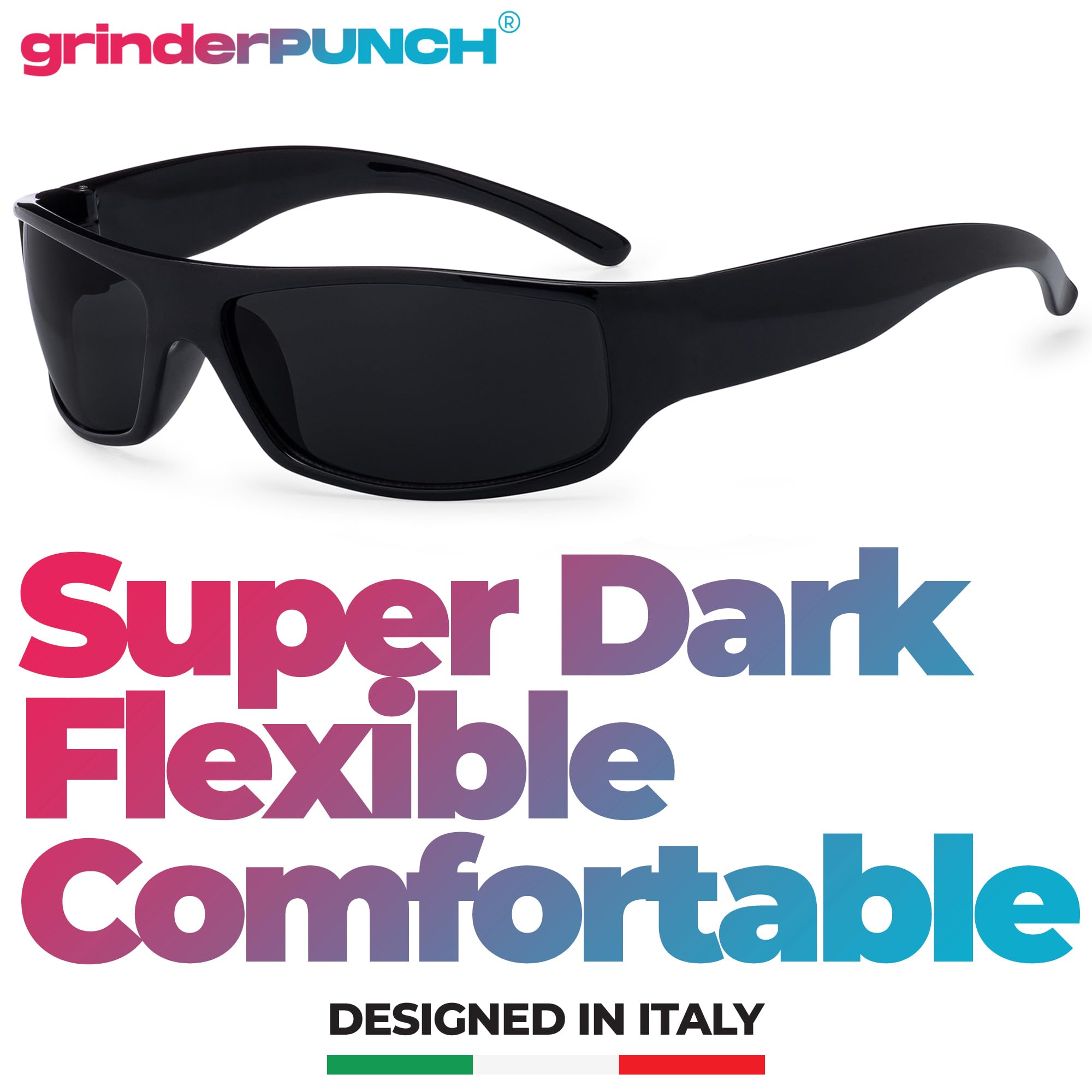 grinderPUNCH Mens Black Super Dark Sunglasses - Slim Wrap Around Gangster Style