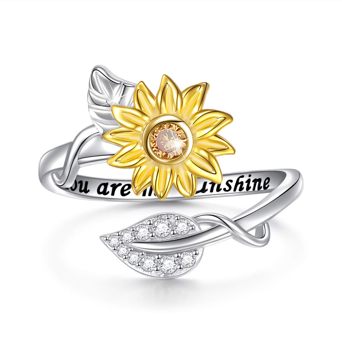 DAOCHONG Sterling Silver You are My Sunshine Sunflower CZ Heart Ring Adjustable Size 5-9 (7)