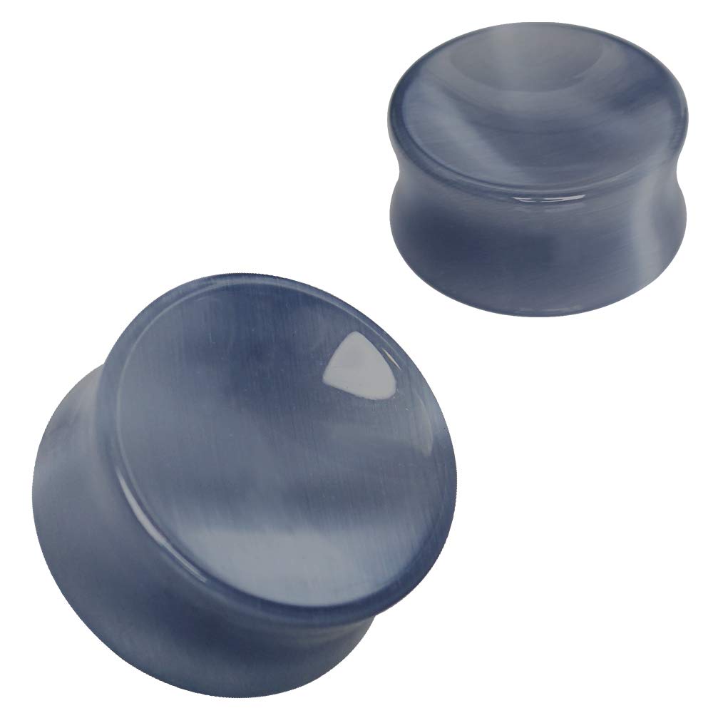 Pair of Natural Dark Grey Cat's Eye Concave Stone Saddle Plug 00 Gauge (10mm) [H06-080]