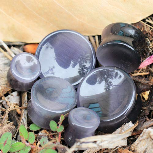 Pair of Natural Dark Grey Cat's Eye Concave Stone Saddle Plug 00 Gauge (10mm) [H06-080]