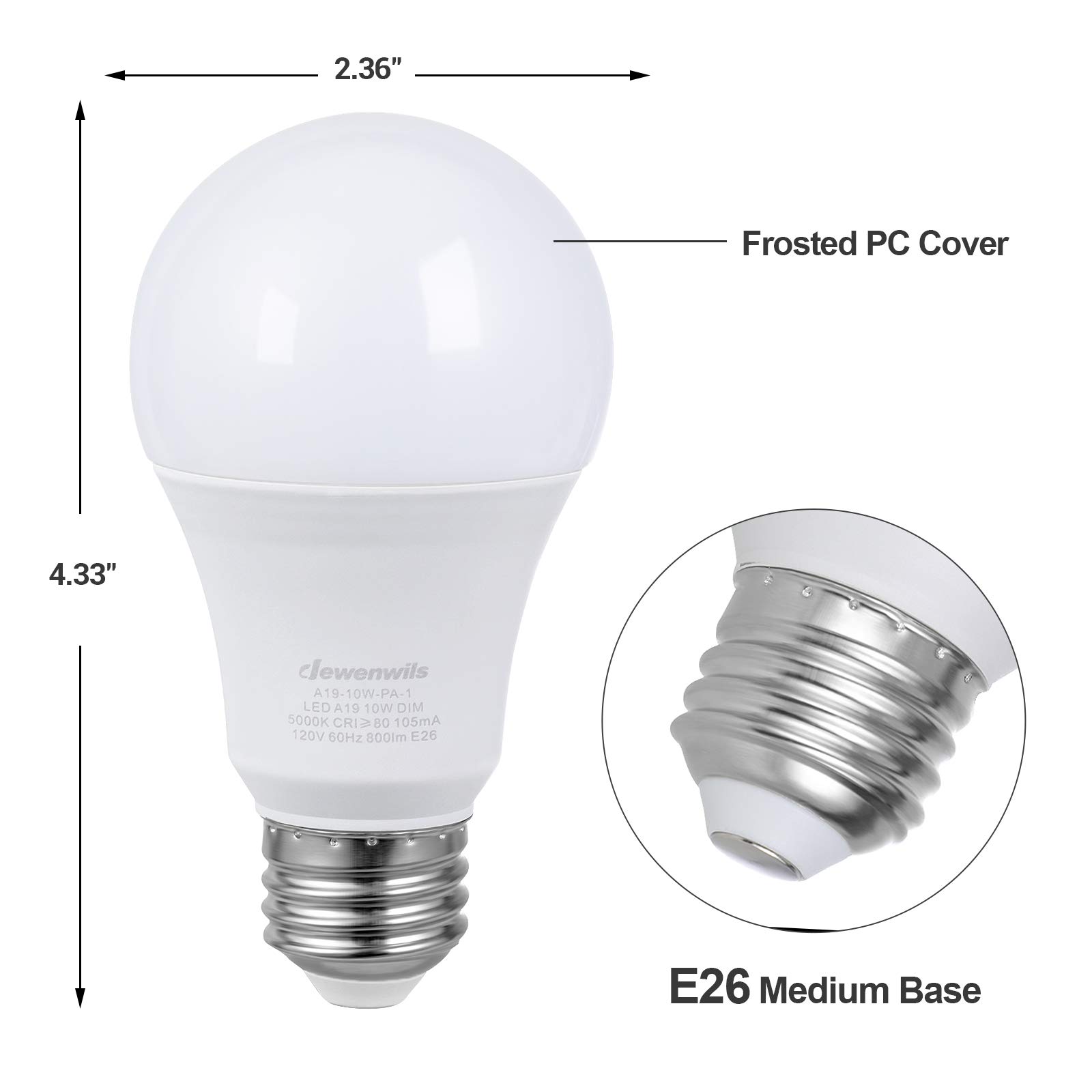 DEWENWILS 4 Pack A19 Dimmable LED Light Bulbs,10-Watt(60W Equivalent), 800 Lumen, 5000K Daylight Dimmable Bulb, E26 Base Light Bulb, UL Listed