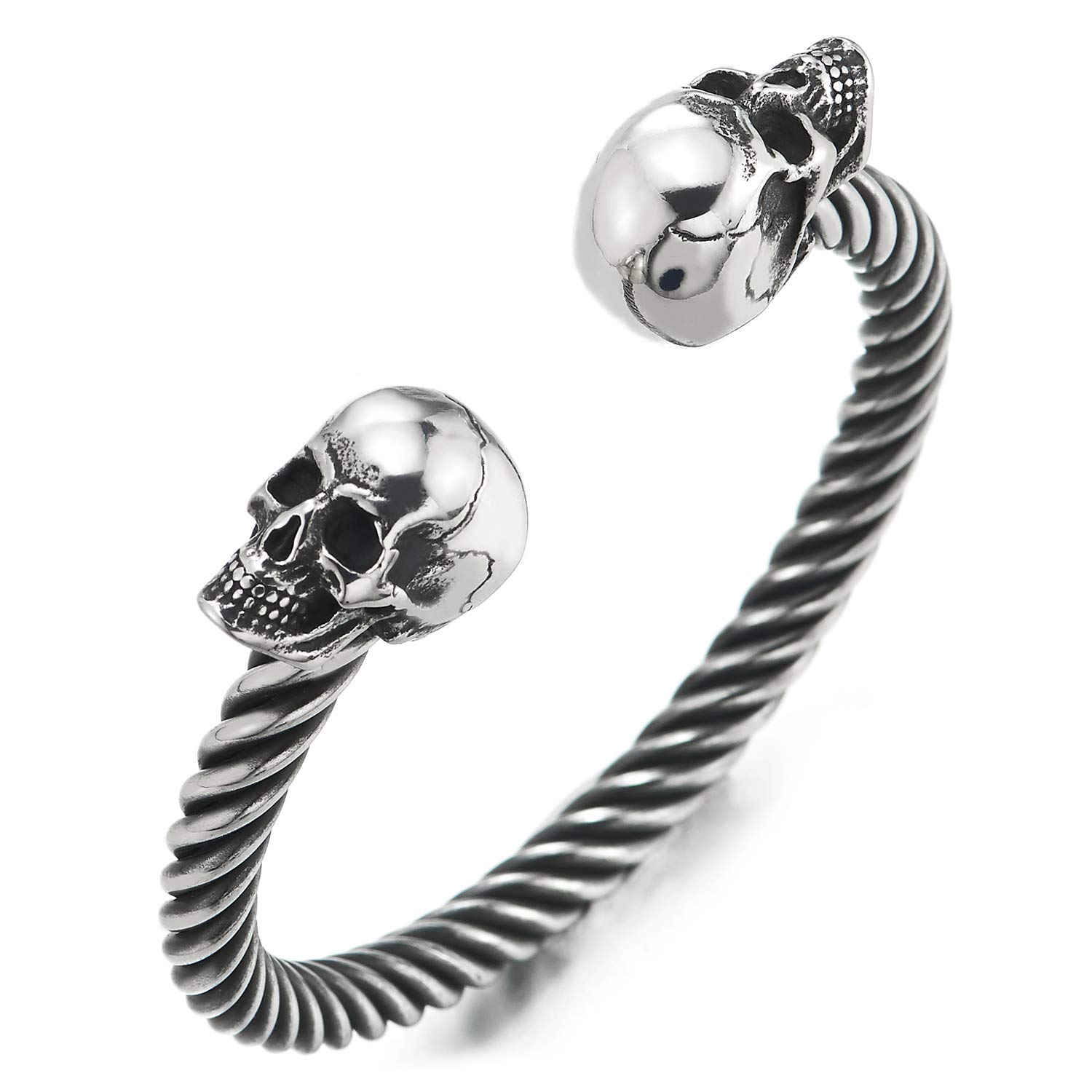 COOLSTEELANDBEYOND Mens Womens Skull Twisted Cable Cuff Bangle Bracelet, Stainless Steel, Polished, Elastic Adjustable