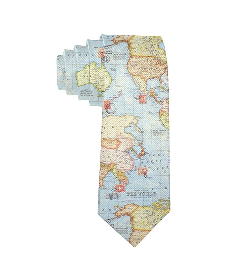 COLORFULSKY URTEOM Men's World Map Blue Travel Polyester Silk Casual Gentleman Tie Necktie Gift-One Size