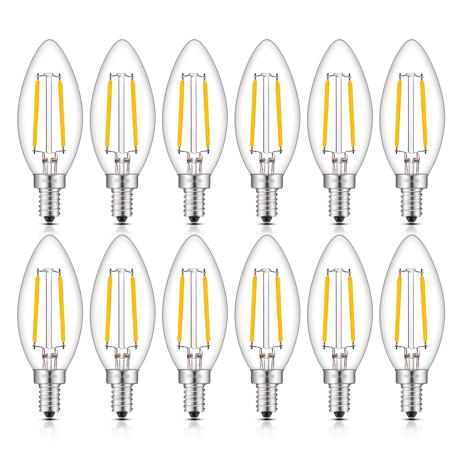 CRLight LED Candelabra Bulb 25W Equivalent 250 Lumens, 3000K Soft White 2W Filament LED Chandelier Light Bulbs, E12 Vintage Edison B11 Clear Glass Candle Bulbs, Non-dimmable Version, 12 Pack