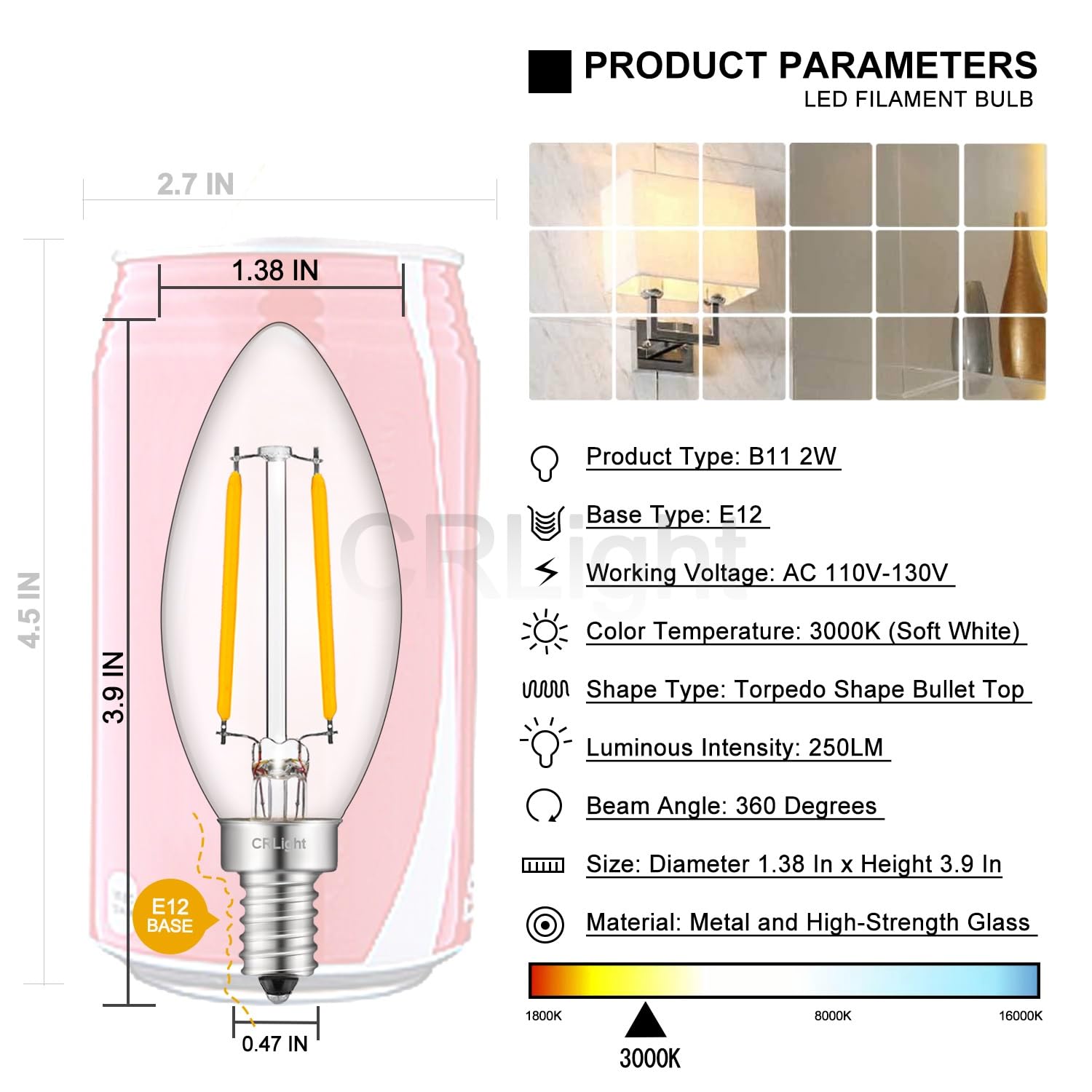 CRLight LED Candelabra Bulb 25W Equivalent 250 Lumens, 3000K Soft White 2W Filament LED Chandelier Light Bulbs, E12 Vintage Edison B11 Clear Glass Candle Bulbs, Non-dimmable Version, 12 Pack