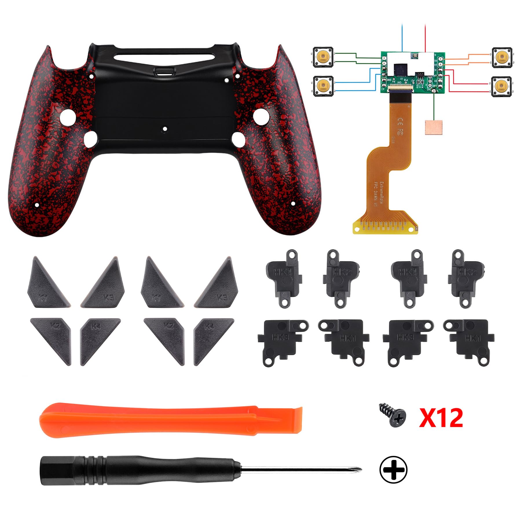 eXtremeRate Textured Red Dawn Programable Remap Kit for PS4 Controller with Upgrade Board & Redesigned Back Shell & 4 Back Buttons - Compatible with JDM-040/050/055 - Controller NOT Included